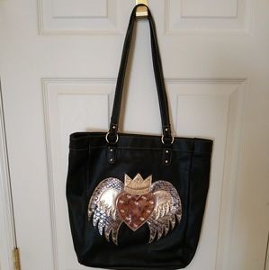Women's soft black and gold pleather tote